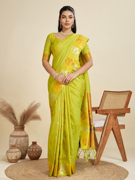Pista Green Kanjivaram Silk Saree With Zari Weaving Butta Border & Designer Rich Paithani Pallu