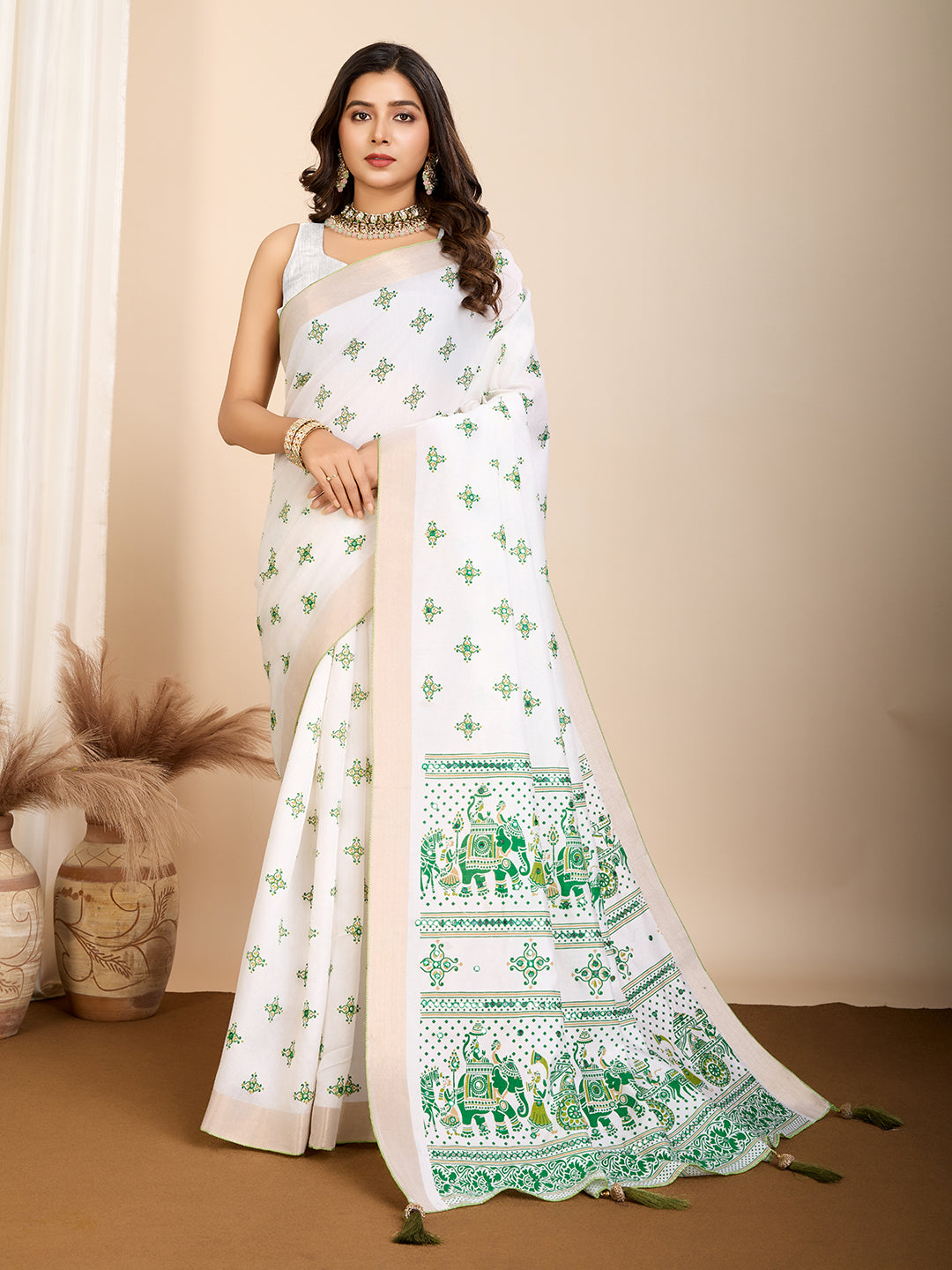 White Soft Cotton Saree With Printed Work