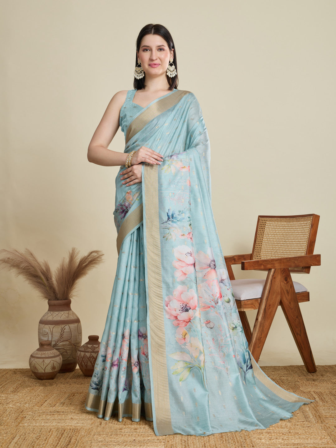 Sky Blue Soft Cotton Saree With Floral Digital Printed Pallu & Zari Border