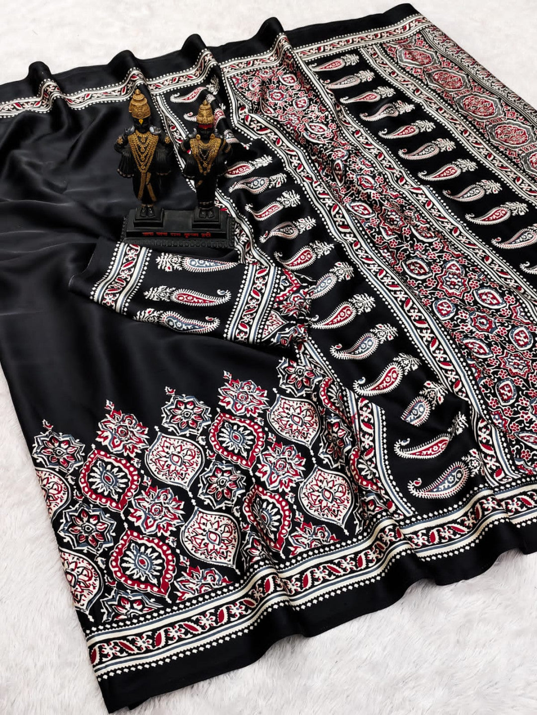 Black Fancy Ajrakh Printed Crepe Silk Saree