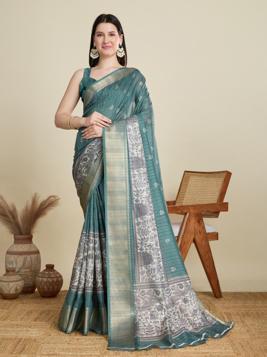Green Soft Cotton Saree With Kalamkari Digital Printed Pallu & Zari Border