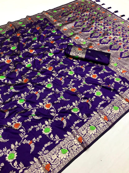 Purple Banarasi Silk Saree With Meenakari Zari Weaving Work