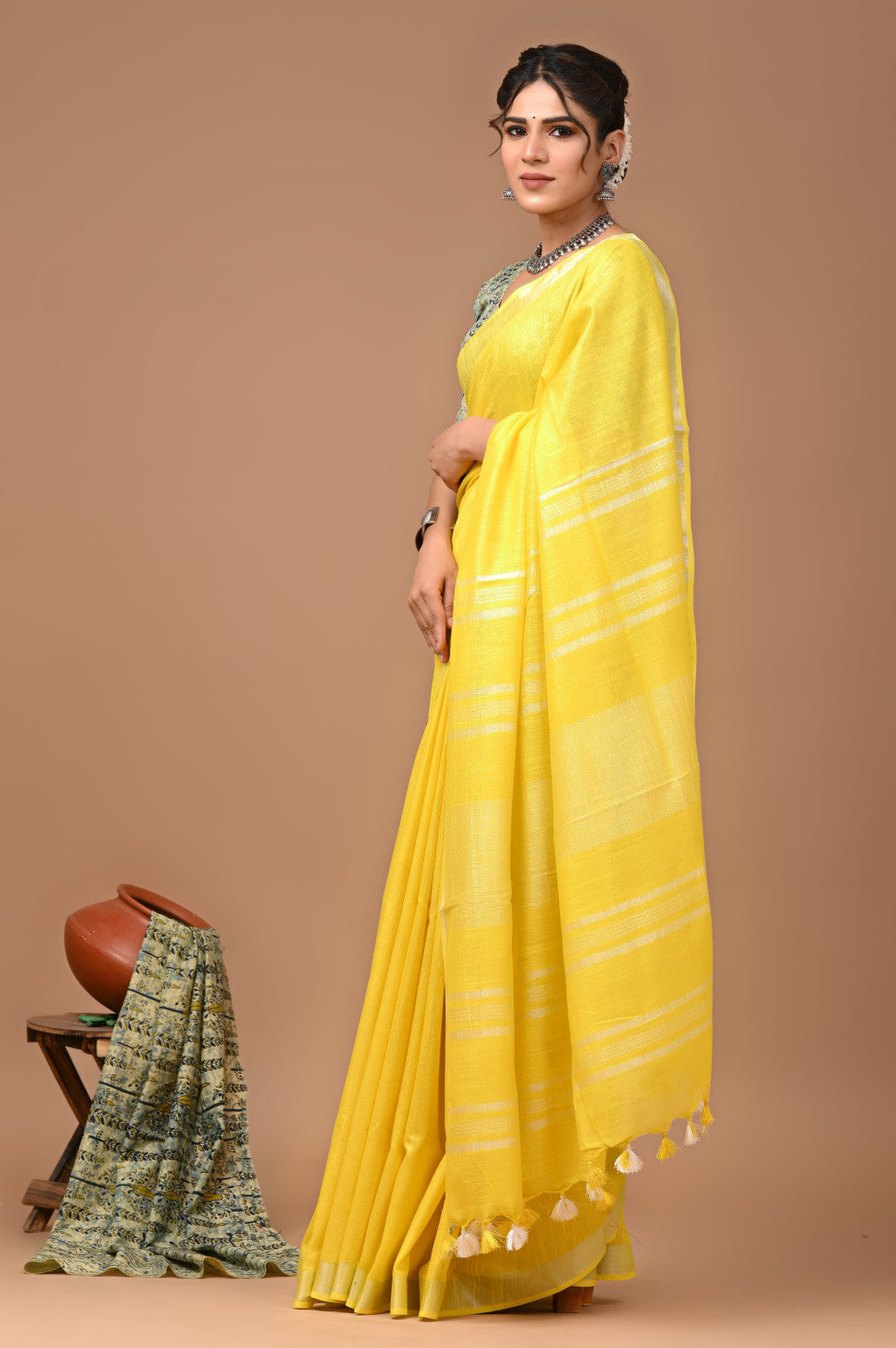 Yellow Colour Pure Plain Linen Cotton Saree With Ajrakh Blockprinted Cotton Blouse
