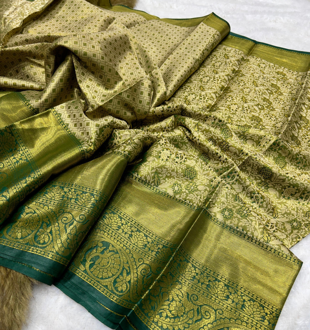 Premium Kanchipuram Banarasi Tissue Silk Green Saree Wirh Zari Weaving Work