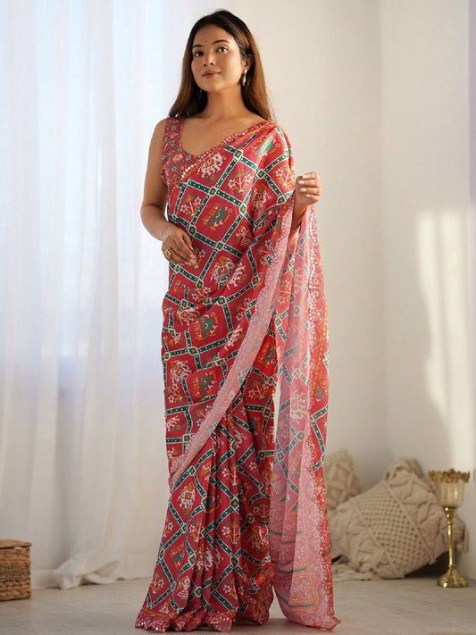 Red Color Georgette Saree With Printed And Mirror Work With Arco Border