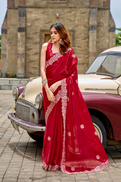 Red Fancy Shimmer Chiffon Saree With Embroidery Work