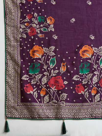 Wine Cotton Saree With Table Printed And Foil Work With Pipeing Border