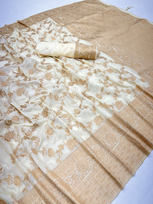 Off White Luxurious Viscose Khaddi Georgette Banarasi Saree With Zari Weaving Work