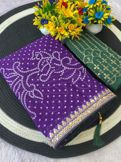 Purple Color Georgette Bandhani Saree With Foil Print Work