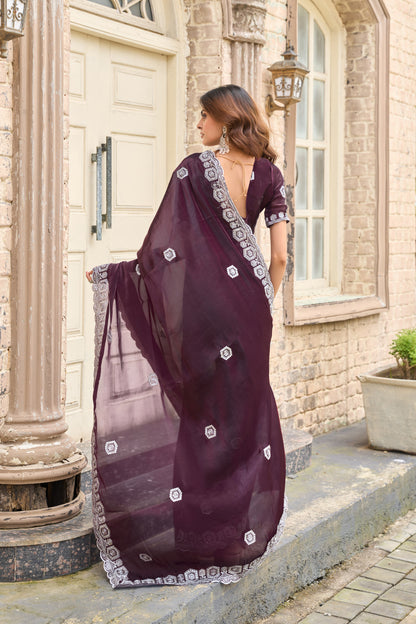 Wine Fancy Shimmer Chiffon Saree With Embroidery Work