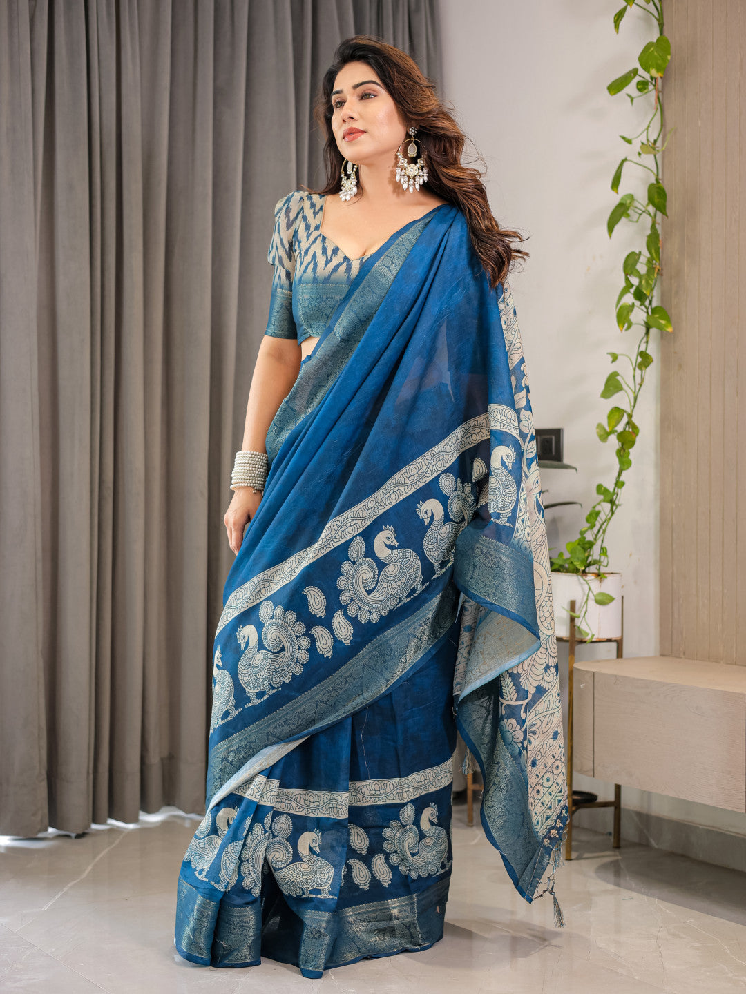 Royal Blue Kalamkari Digital Printed Linen Cotton Saree