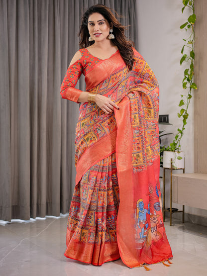 Kalamkari Digital Printed Linen Cotton Saree