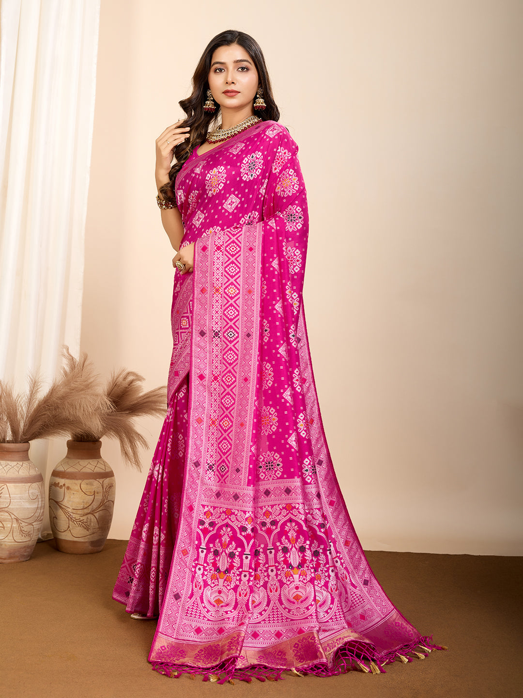 Pink Traditional Muslin Dola Silk Saree With Meenakari Zari Weaving Work