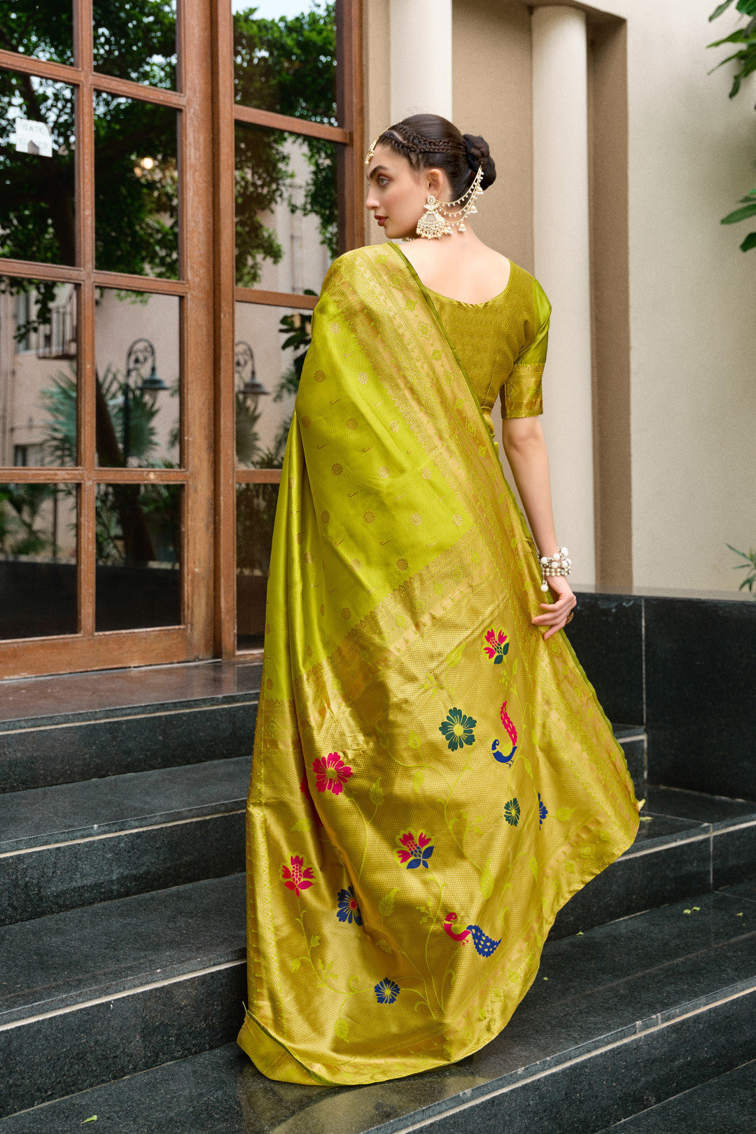 Traditional Parrot Green Paithani Silk Saree With Zari Weaving Work