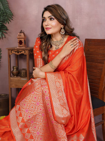 Orange Premium Dola Silk Saree With Meenakari Weaving Work