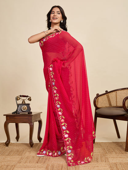 Red Color Georgette Saree With Brush Print And Siroski Work