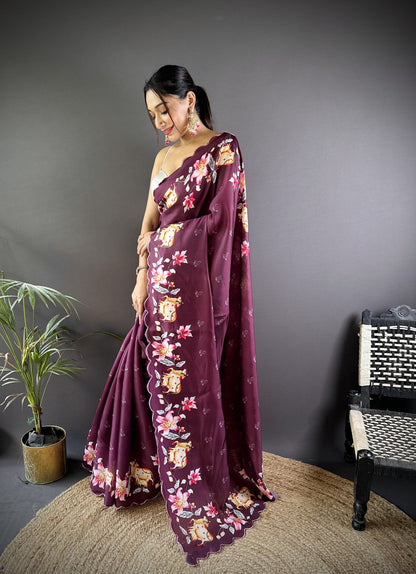 Magenta Gadhwal Silk Saree With Pichwai Print And Embroidery Cut Work