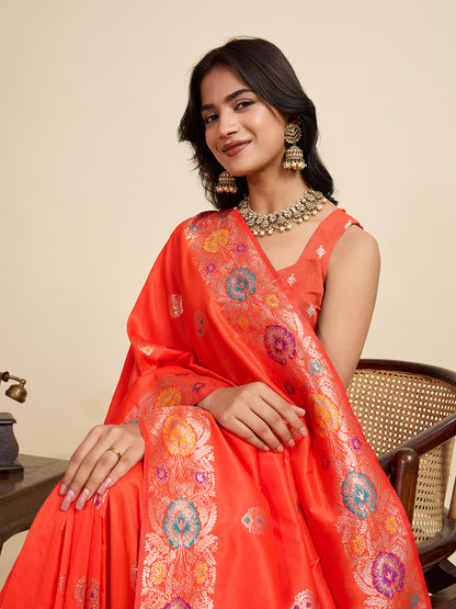 Traditional Orange Color Jacquard Silk Saree With Zari Work