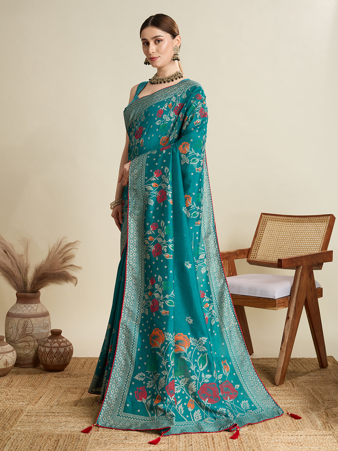 Rama Green Cotton Saree With Table Printed And Foil Work With Pipeing Border