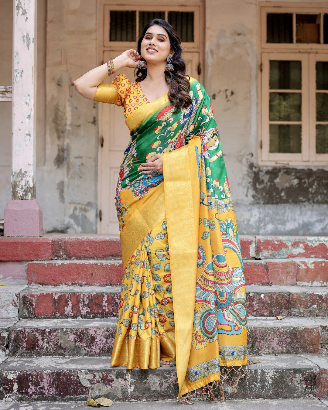 Multi Kalamkari Digital Printed Tussar Silk Saree With Zari Motif Border