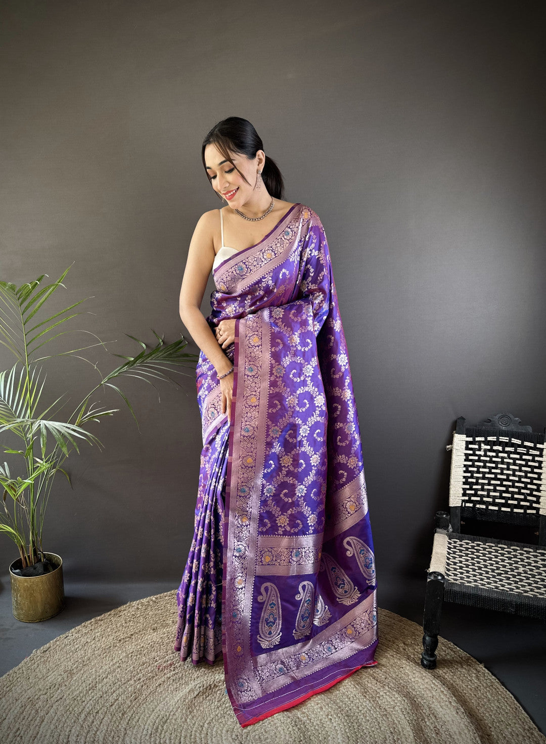 Purple Banarasi Silk Saree With Meenakari Zari Weaving Work