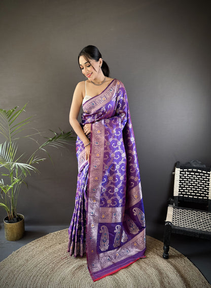 Purple Banarasi Silk Saree With Meenakari Zari Weaving Work