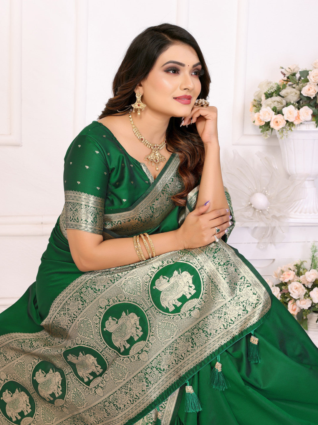 Premium Summer Special Green Banarasi Silk Saree With Gala Weaving Exclusive Work