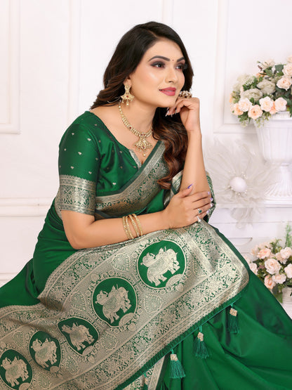 Premium Summer Special Green Banarasi Silk Saree With Gala Weaving Exclusive Work