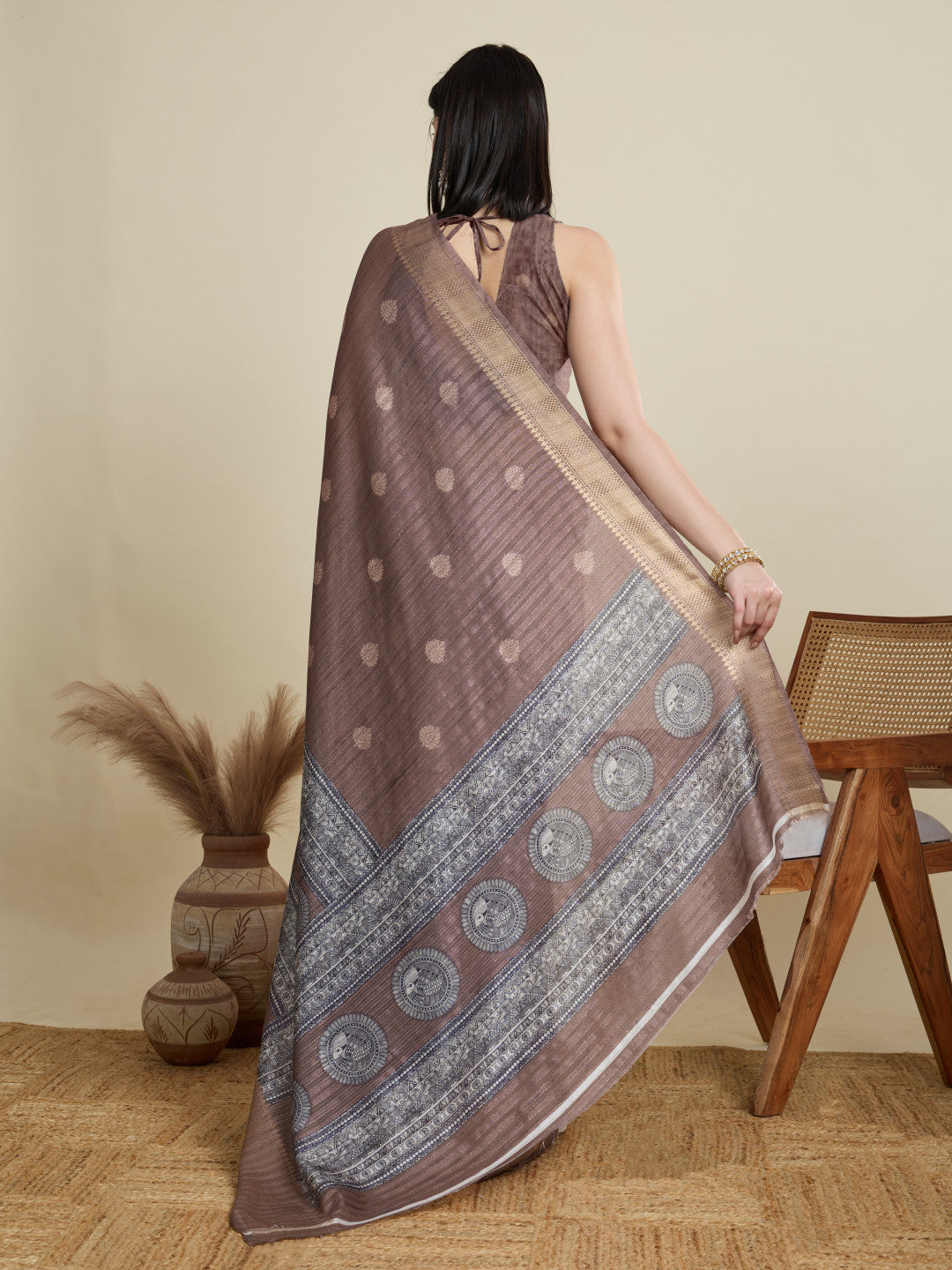 Coffee Soft Cotton Saree With Kalamkari Digital Printed Pallu & Zari Border