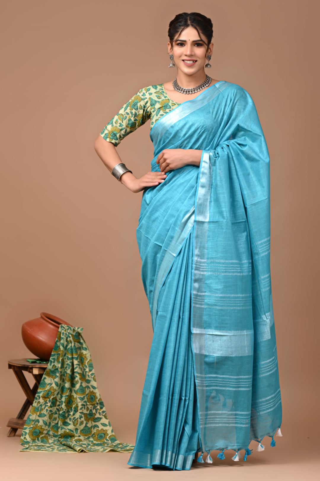 Sky Blue Colour Pure Plain Linen Cotton Saree With Ajrakh Blockprinted Cotton Blouse