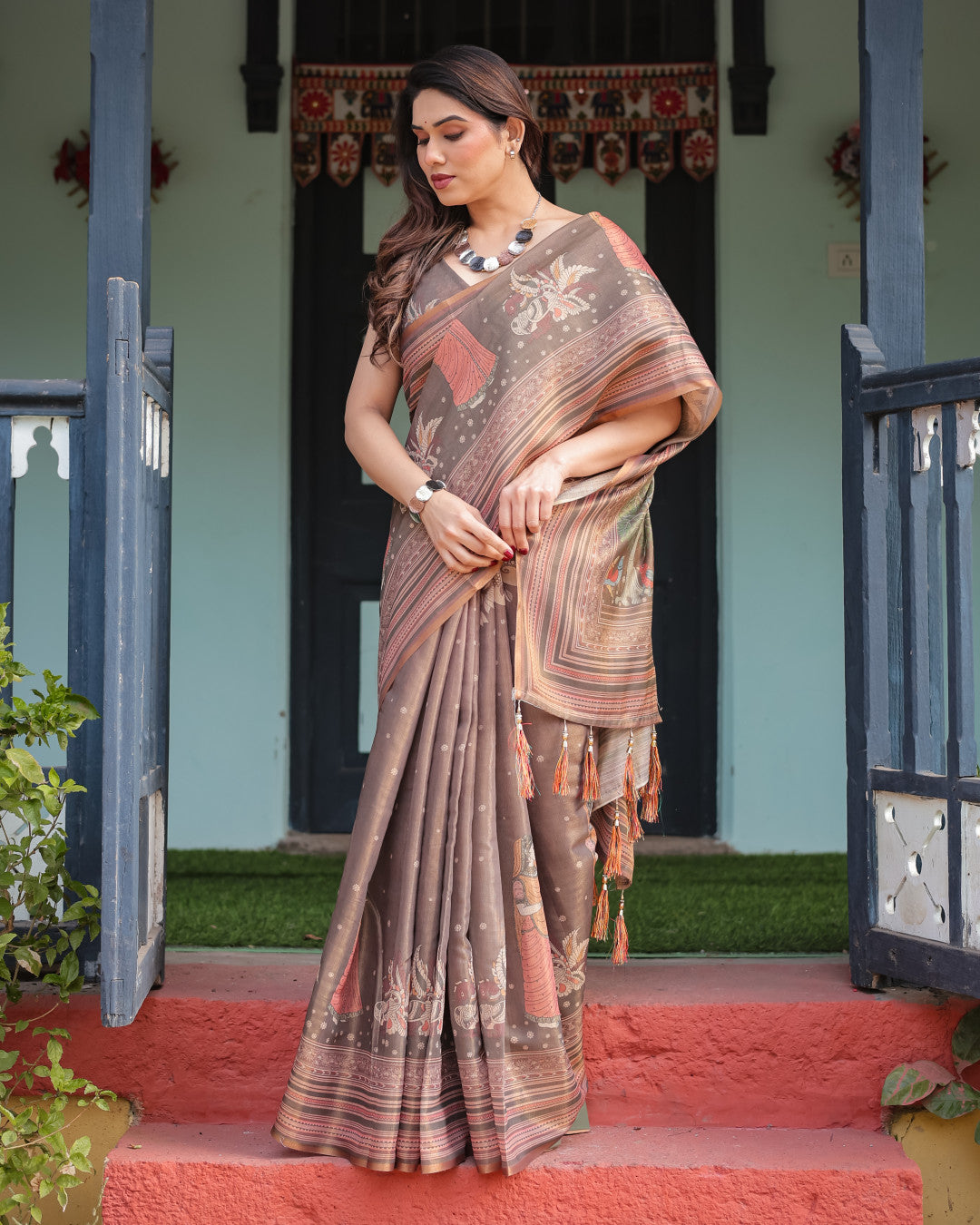 Kalamkari Digital Printed Linen Cotton Saree