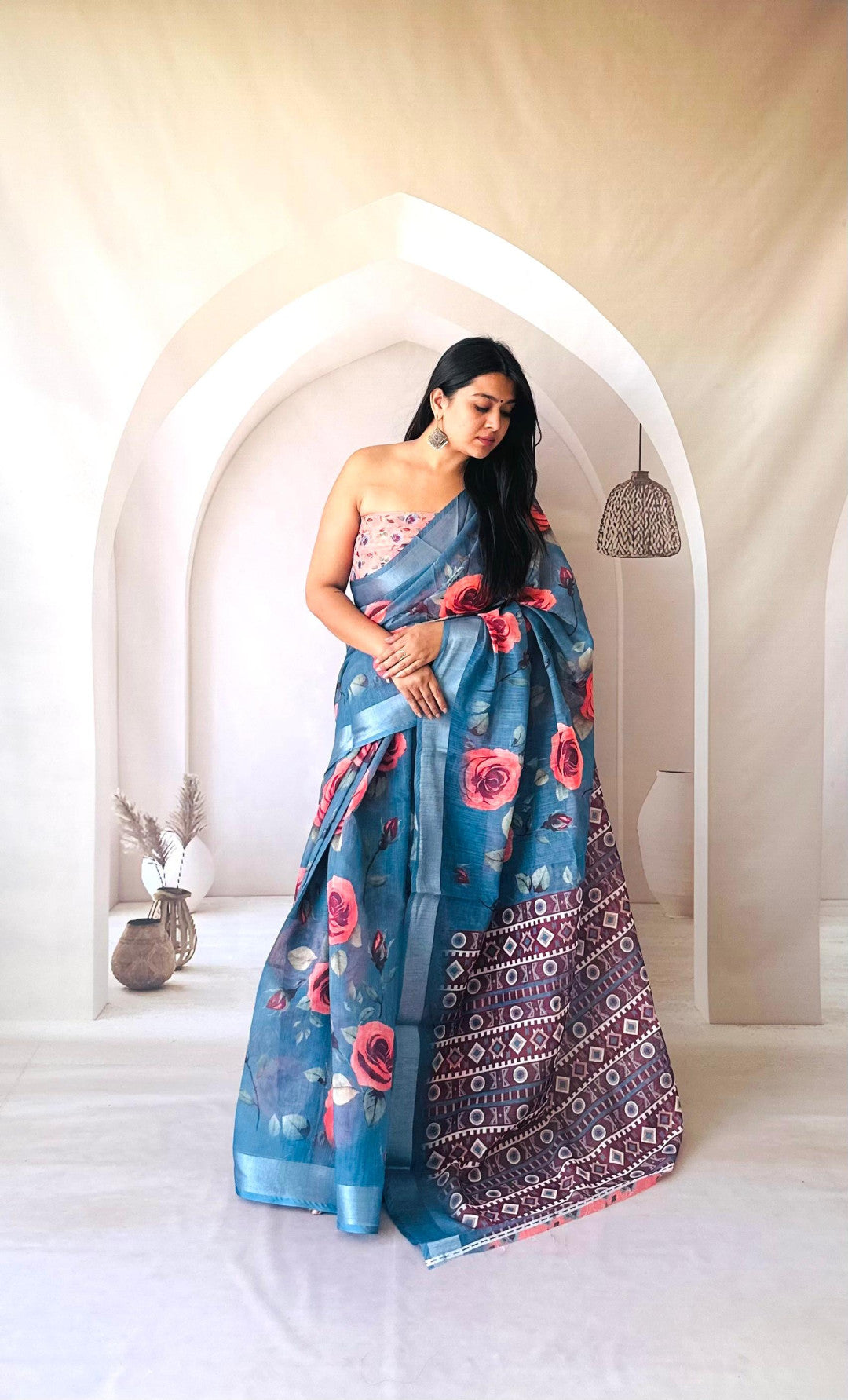 Multi Digital Printed Flowy Linen Cotton Saree