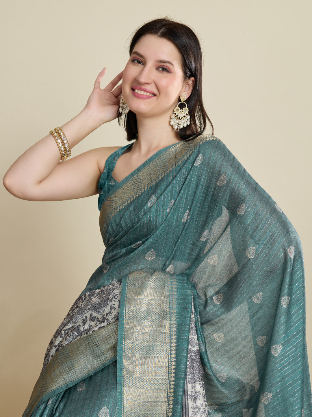 Green Soft Cotton Saree With Kalamkari Digital Printed Pallu & Zari Border