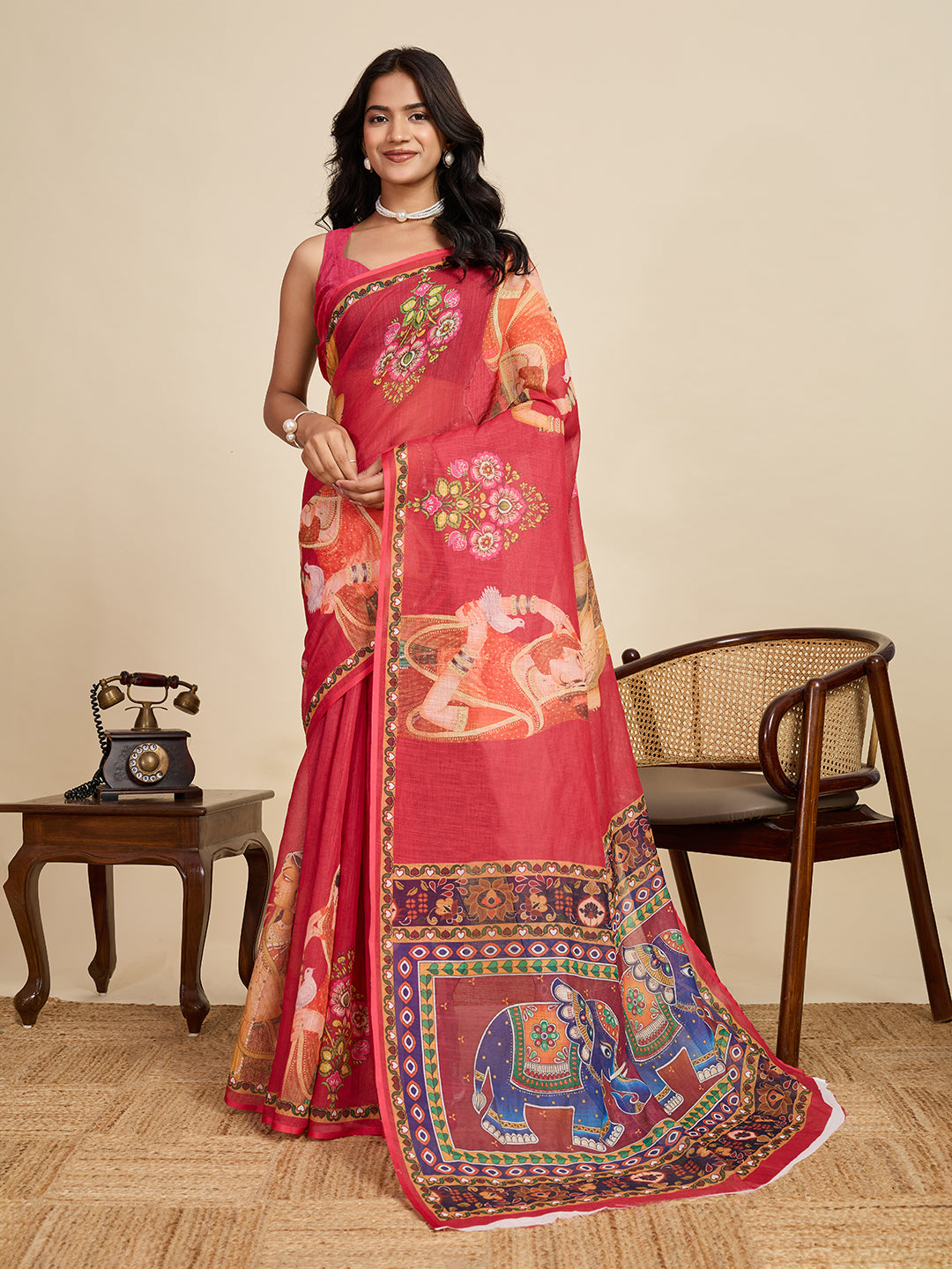 Red Linen Cotton Saree With Digital Printed Work And Silver Zari Border