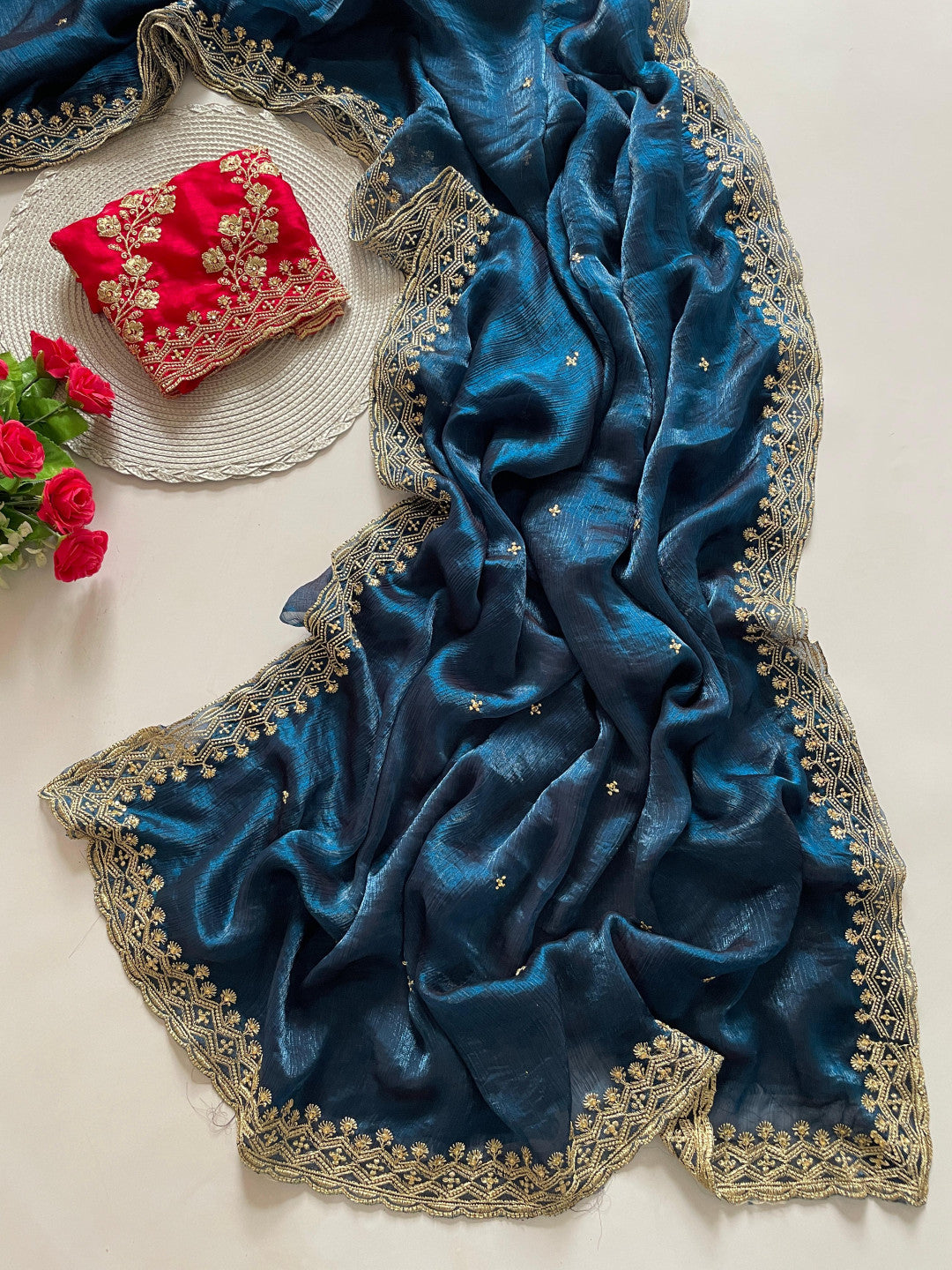 Morpeach Fancy Space Silk Saree With Embroidery & Moti Work