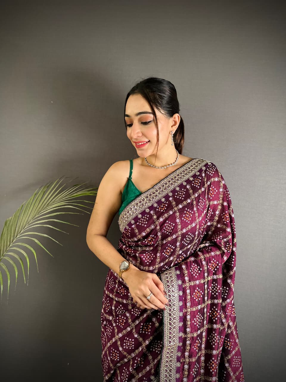 Wine Traditional Blooming Vichitra Khadi Bandhej Silk Saree With Sequence Work