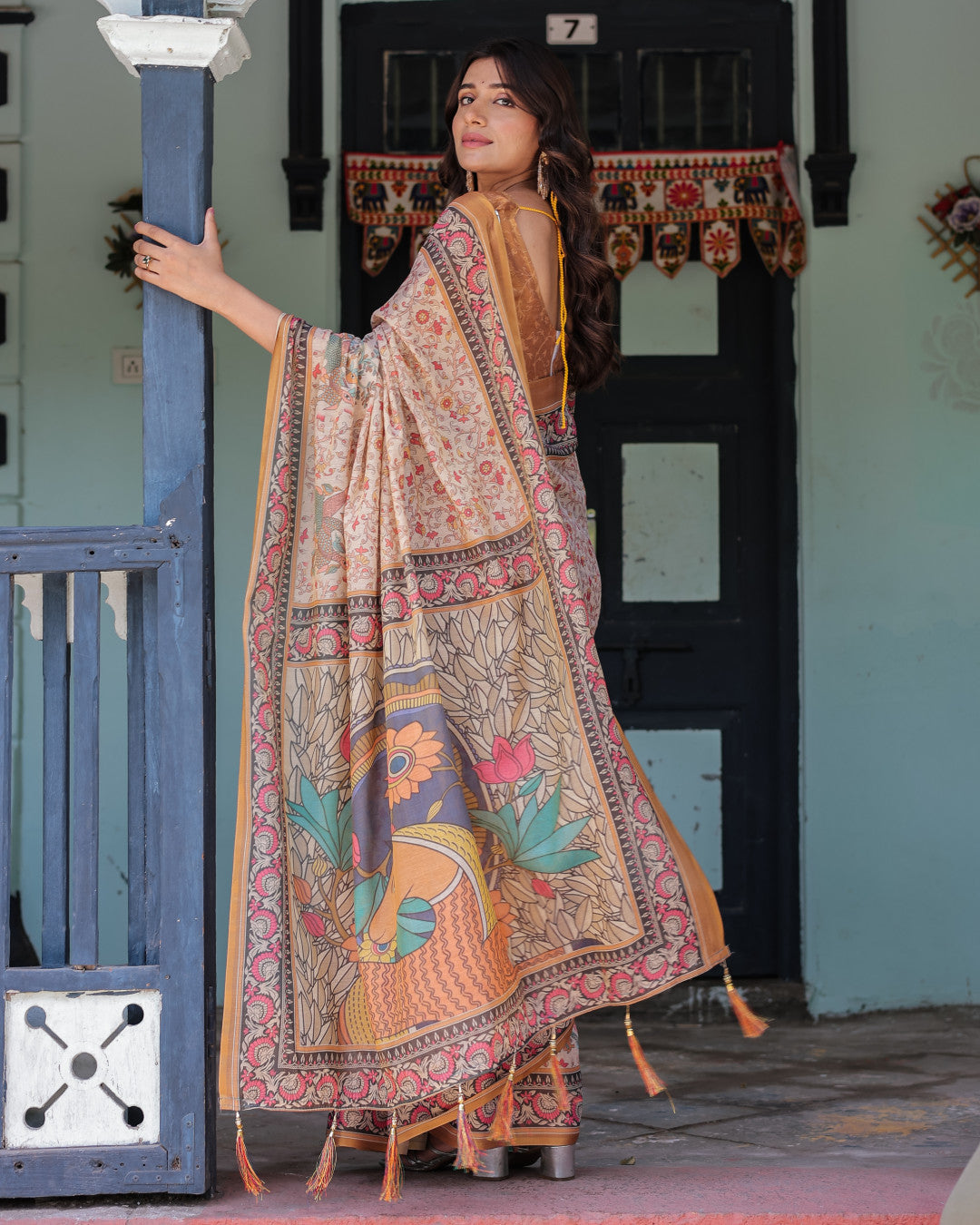 Kalamkari Digital Printed Linen Cotton Saree