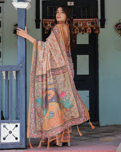 Kalamkari Digital Printed Linen Cotton Saree