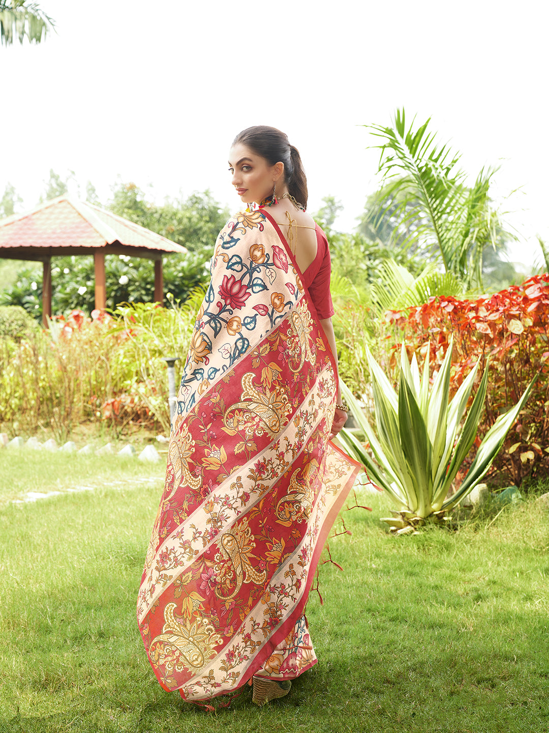 Red Kalamkari Printed Designer Tussar Silk Saree