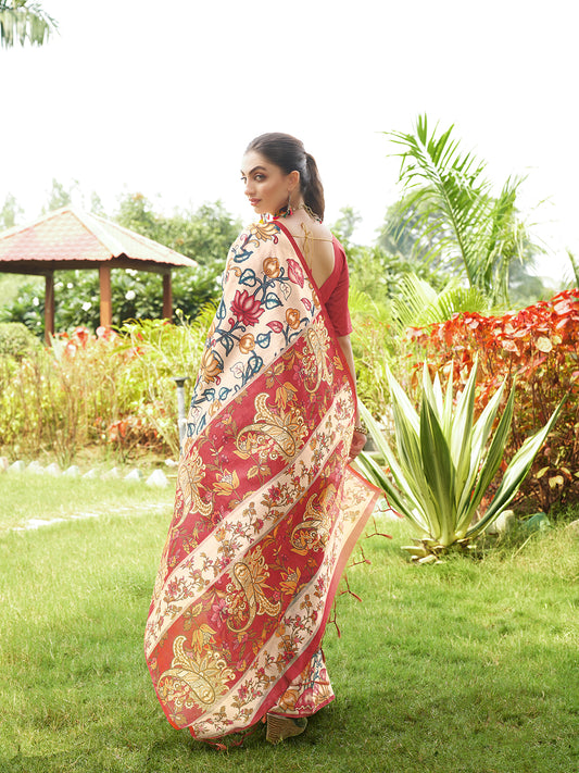 Red Kalamkari Printed Designer Tussar Silk Saree