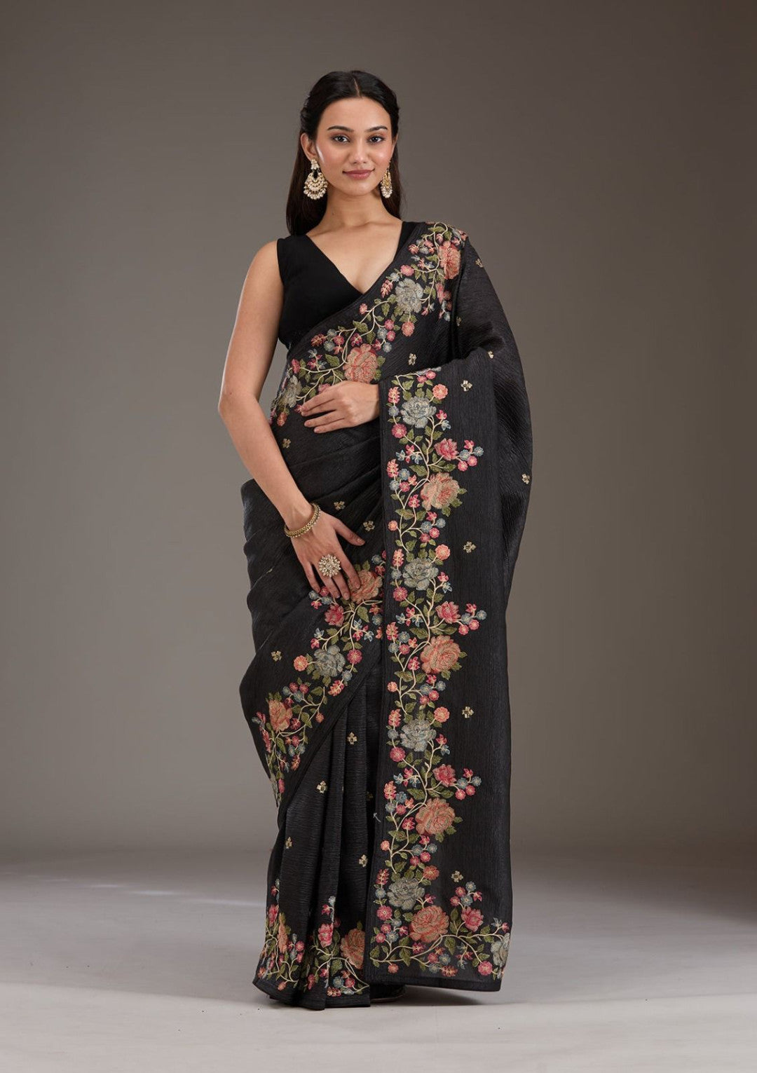 Black Fancy Crunchy Silk Saree With Multi Thread Work And Piping Lace Border