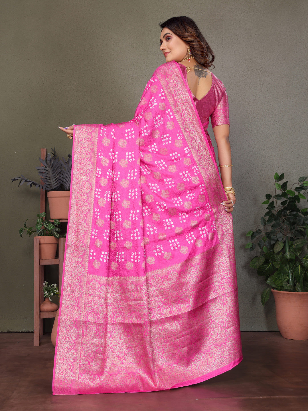 Baby Pink Premium Bandhej Silk Saree With Zari Weaving Work