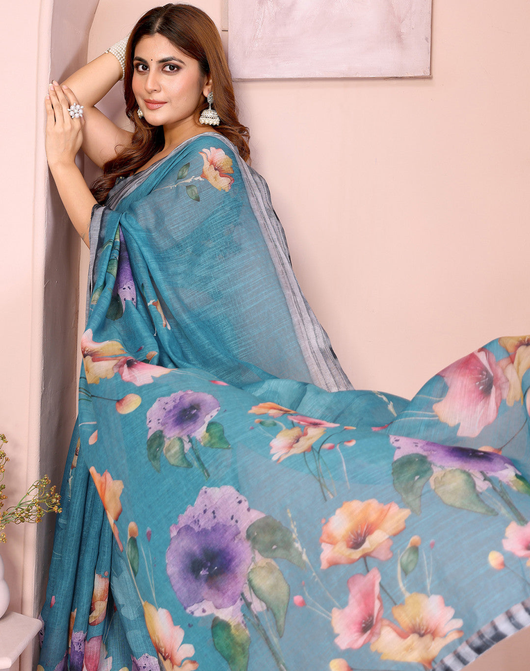 Blue Linen Cotton Saree With Digital Printed Work And Silver Zari Border