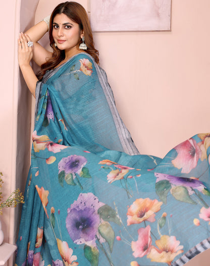 Blue Linen Cotton Saree With Digital Printed Work And Silver Zari Border