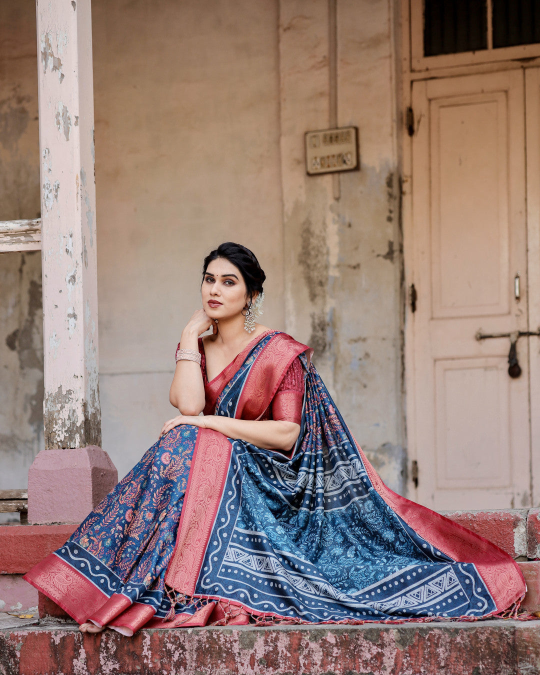 Navy Blue Digital Kalamkari Printed Tussar Silk Saree With Zari Motif Border