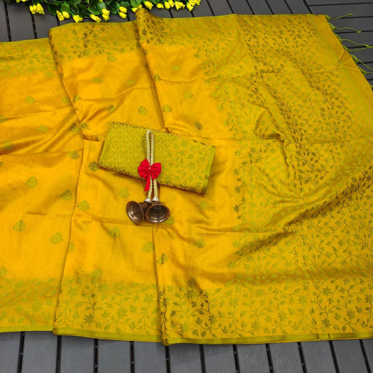 Yellow Color Khadi Raw Silk Saree With Jamdani Weaving Border