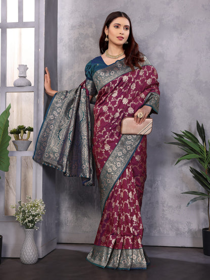 Wine Premium Banarasi Silk Saree With Zari Weaving Work