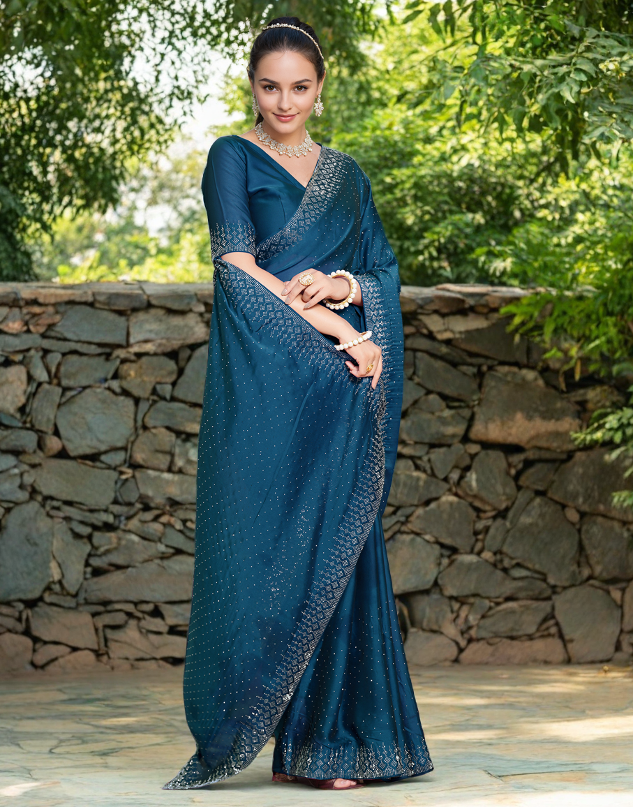 Fancy Teal Blue Rangoli Silk Saree With Diamond Work