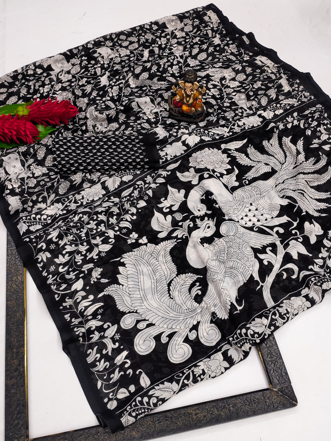 Black Soft Crush Chinnon Silk Saree With All Over Kalamkari Printed Design