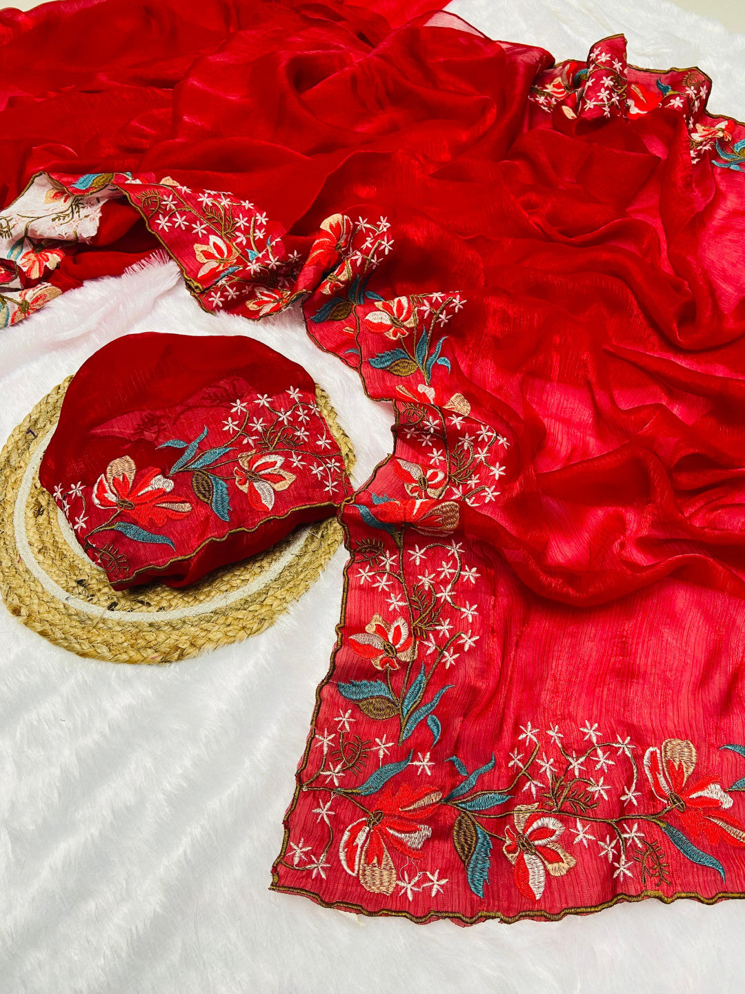 Red Fancy Fandy Silk Saree With Embroidery Work